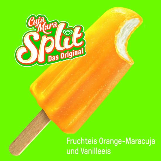Bild von Cuja Mara Splitt mit der Beschreibung Vanilleeis mit einer leckeren Fruchteisumhüllung mit Maracujageschmack.