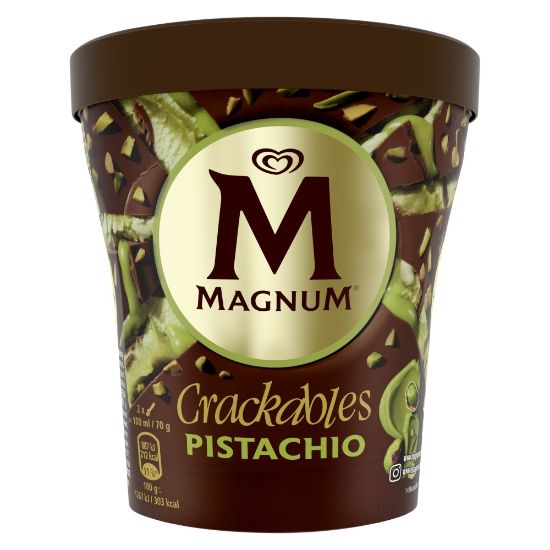 Bild von Magnum Crackables Pistachio mit der Beschreibung Pistazieneis durchstrudelt von Pistaziensauce und Schokostückchen. Umhüllt von knackiger Schokolade