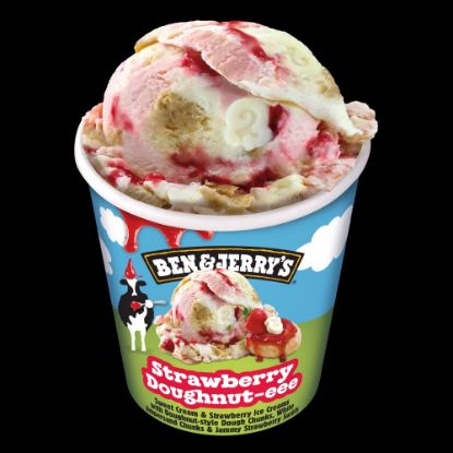 Bild von Strawberry Doughnut-ee mit der Beschreibung Eis u.Erdbeerfrucht Eis m.Teigstückchen m. Doughnut Geschmack u.Fettglasurstückchen,Erdbeersauce