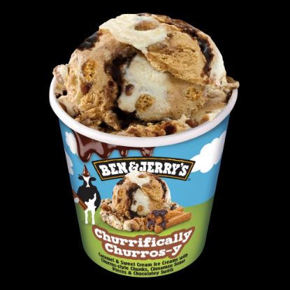 Bild von Churrifically Churros-y mit der Beschreibung Karamel Eis mit Eis mit Keksstückchen mit Churro Geschmack und Zimt Zucker Stückchen, Schokosauce