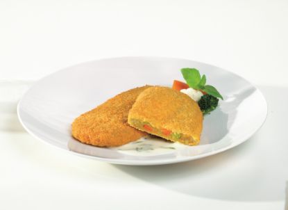 Bild von Gemüse Knusperschnitzel mit der Beschreibung Paniertes Gemüseschnitzel mit Blumenkohl, Erbsen, Karotten und Broccoli zum Braten oder Frittieren