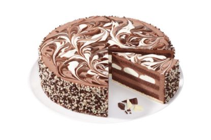 Bild von Schoko-Sahne-Duo mit der Beschreibung Schoko-Sahne-Torte mit Mürbeteig, dunklem Rührteig und feiner Schokodeko