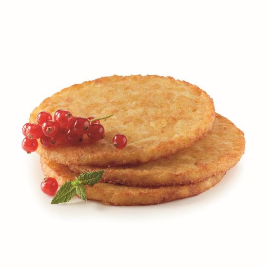 Bild von Backofen-Tellerrösti vg 150g mit der Beschreibung Zum Belegen - extra große Rösti aus Qualitätskartoffeln. Vorgebacken für den Backofen geeignet.