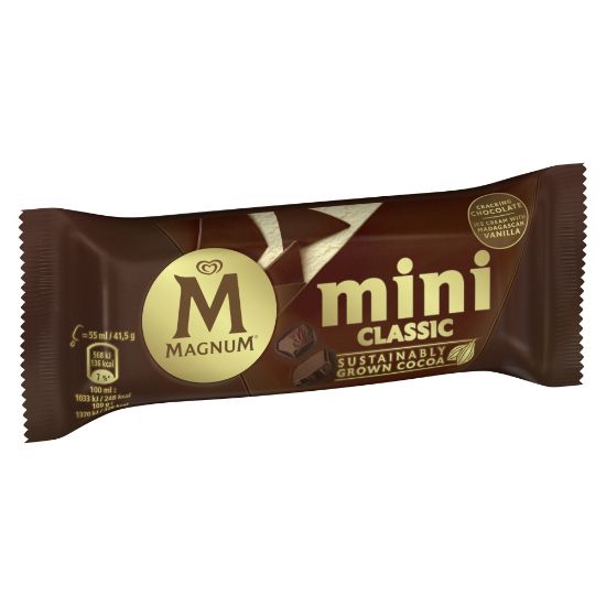 Bild von Magnum Mini Classic mit der Beschreibung Leckeres Vanilleeis mit einem knackigen Milchschokoladenüberzug.