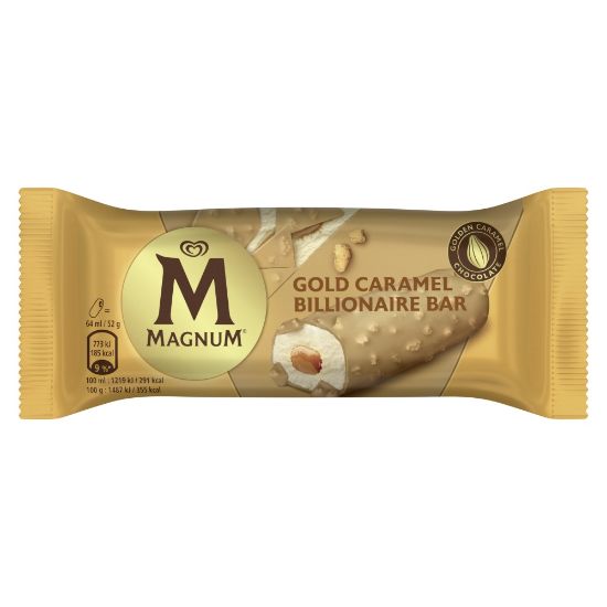 Bild von Magnum Riegel Billionaire mit der Beschreibung Cremiges Eis mit Keksgeschmack, durchzogen von einem Kern aus Karamellsauce.