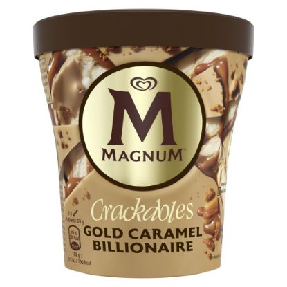 Bild von Magnum Crackable Gold mit der Beschreibung Vanille Eis,weiße Schokolade mit Karamell,knackige Keksstückchen, gesalzene Karamelsauce.