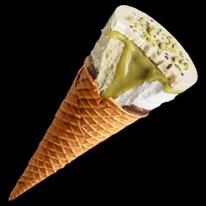 Bild von Cornetto Max Pistachio mit der Beschreibung Eis mit Pistaziengeschmack mit Pistazie in einer Waffel mit kakaohaltiger Fettglasur.
