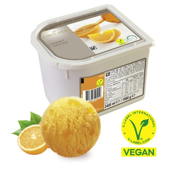 Bild von CD Orangen Sorbet vegan mit der Beschreibung Zartschmelzend und erfrischend fruchtig, inklusive Fruchtstückchen