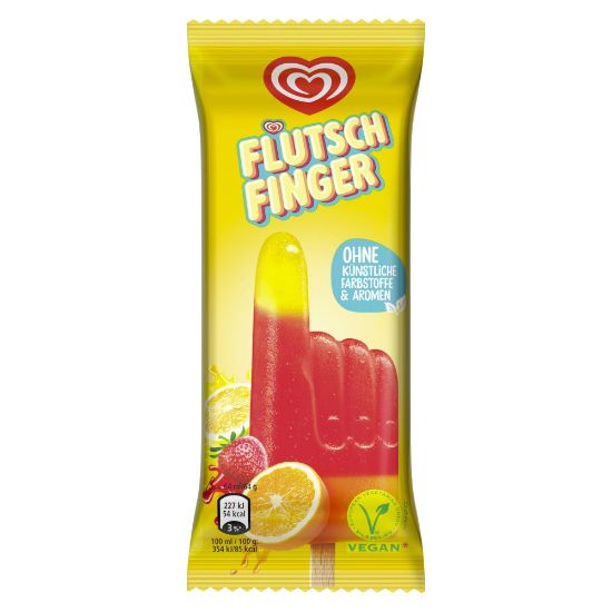 Bild von Flutschfinger mit der Beschreibung Das Kulteis mit den Geschmacksrichtungen Limette, Erdbeere und Orange.