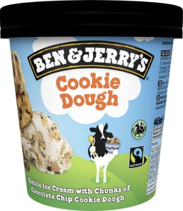 Bild von Cookie Dough mit der Beschreibung Vanille-Eiscreme mit riesigen Cookieteigstückchen und leckeren kakaohaltigen Bits.