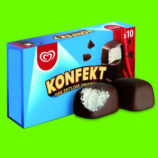 Bild von Konfekt mit der Beschreibung 10 zartschmelzende Genussmomente in einer Box.
