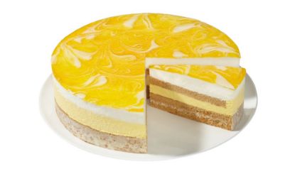 Bild von Mango-Joghurt-Crunch-Torte mit der Beschreibung Fruchtige Mango-Joghurt-Torte mit feiner Creme, knusprigem Crunch und zarten Mandelböden