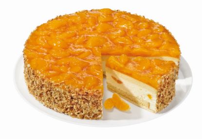 Bild von Mandarinen-Käse-Sahne mit der Beschreibung Mandarinen-Käse-Sahne-Torte mit Mürbeteig, Biskuit und fruchtigem Mandarinenbelag