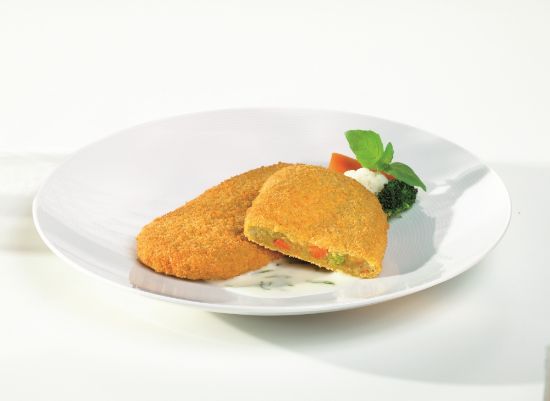 Bild von Gemüse Knusperschnitzel mit der Beschreibung Paniertes Gemüseschnitzel mit Blumenkohl, Erbsen, Karotten und Broccoli zum Braten oder Frittieren