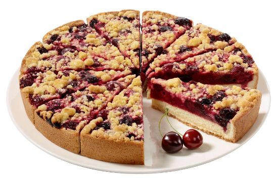 Bild von Kirschkuchen m. Butterstreusel mit der Beschreibung Knuspriger Mürbeteig mit fruchtiger Kirschfüllung aus Süß- und Sauerkirschen u goldbraunen Streuseln