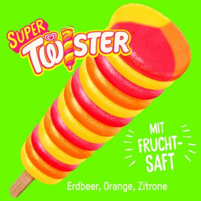 Bild von Super Twister mit der Beschreibung Erdbeer-Zitronen-Wassereis, Zitronenfruchteis und Orangenfruchteis.