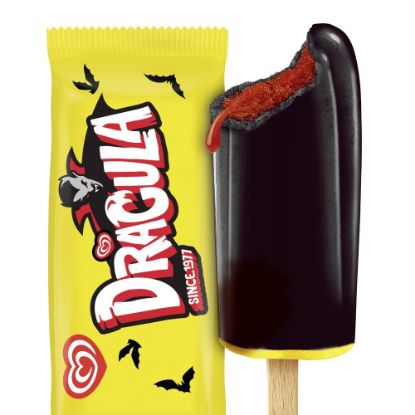 Bild von Dracula Cola mit der Beschreibung Colawassereis in Kombination mit Eis mit cremigem Vanille- und fuchtigem Erdbeergeschmack